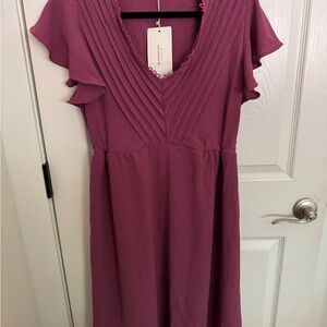 BloomChic Plum Midi Dress with Ruffle Sleeves